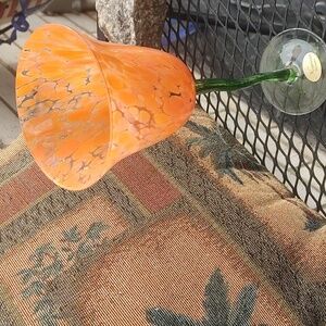 Orange Art/ Glass Wine Goblet with Green Stem